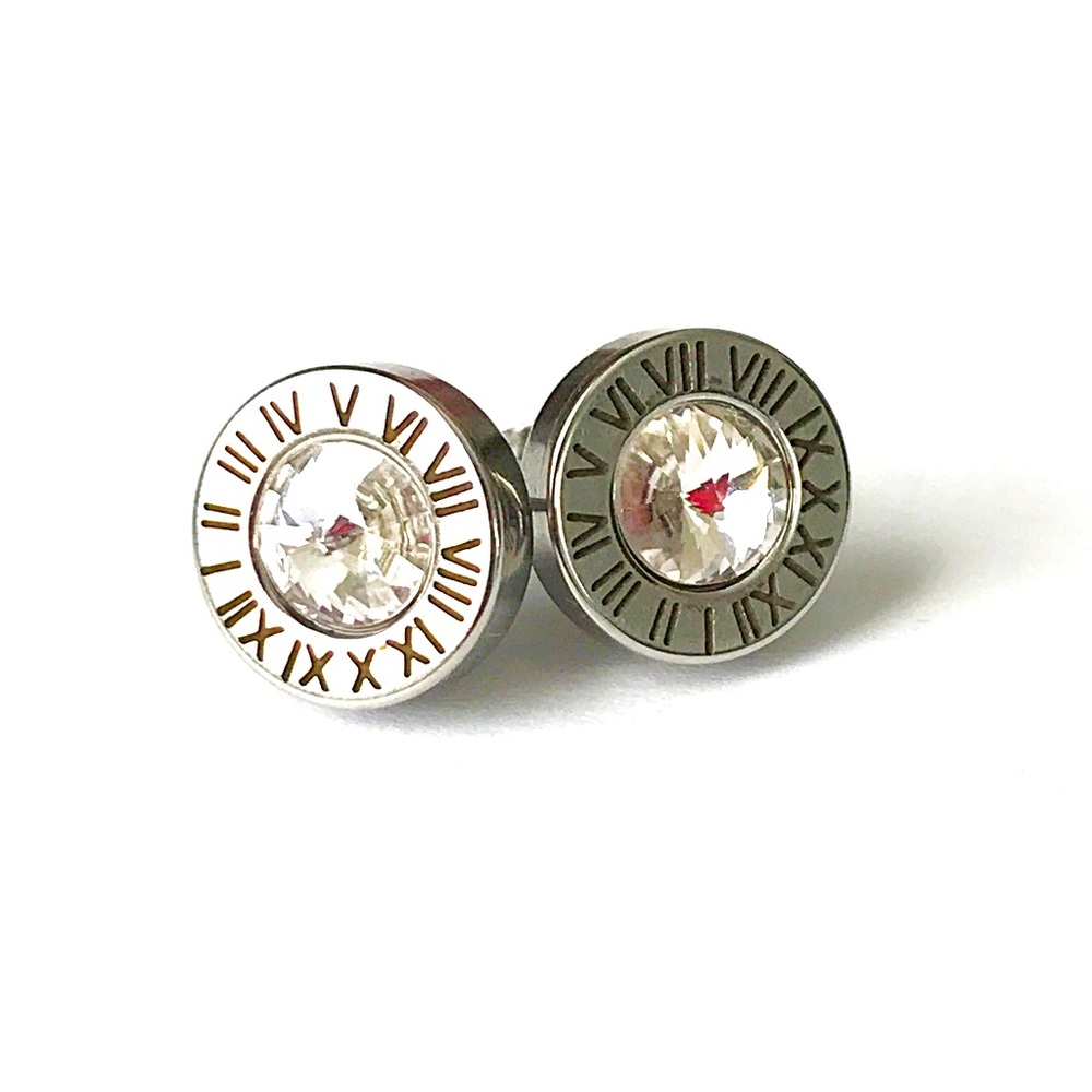 Stainless Steel and CZ Gem Roman Numeral Stud Earrings